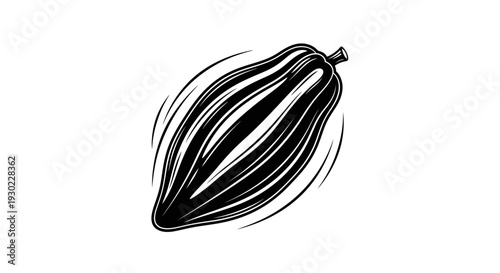 Black and white illustration of a papaya fruit with swirling lines, isolated on white background.