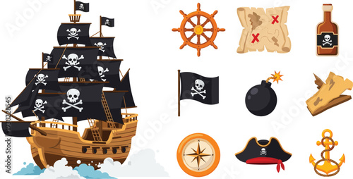 Pirate adventure icons set, ship wheel map bomb compass flag hat and treasure elements isolated on white background for game, cartoon design
