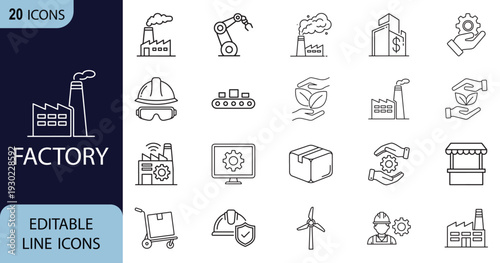 Factory and manufacturing web line art icon set. Factory, industry, product, machine, company, construction collection. Vector illustration.