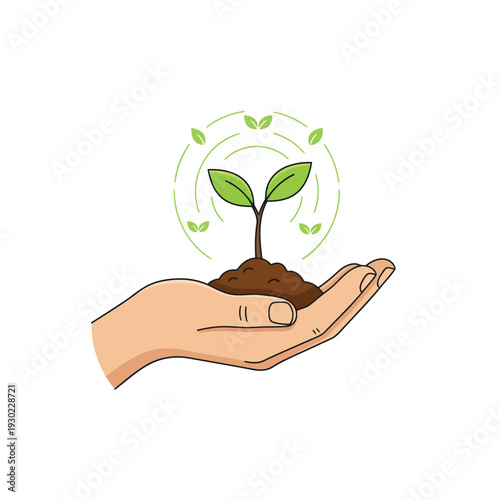 Minimalist vector illustration of a human hand holding a young green plant seedling in soil.
