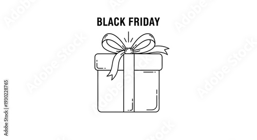 Black Friday Gift Box with Ribbon Bow, Minimalist Line Art Icon