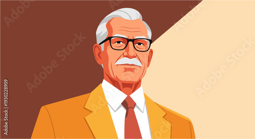 A distinguished senior gentleman with a neat mustache and glasses, wearing a smart suit, exuding wisdom and experience.