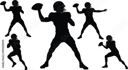 Black silhouettes of american football players throwing white background