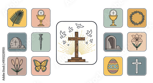 Christian Easter Symbols Collection: Cross, Tomb, Lily, Egg, Crown of Thorns