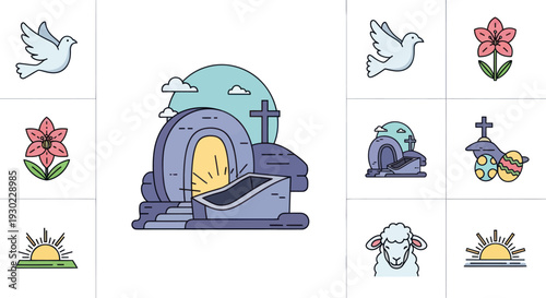 Empty Tomb, Resurrection, Dove, Lily, Sunrise Icons - Christian Easter Symbols