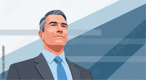 Confident and visionary businessman in a sharp suit and blue tie, looking forward with determination against a modern geometric background.