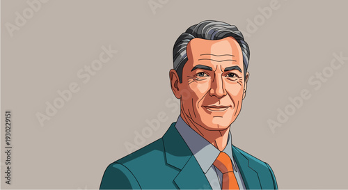 Professional illustration of a distinguished middle-aged businessman in a sharp suit, exuding confidence and corporate success.