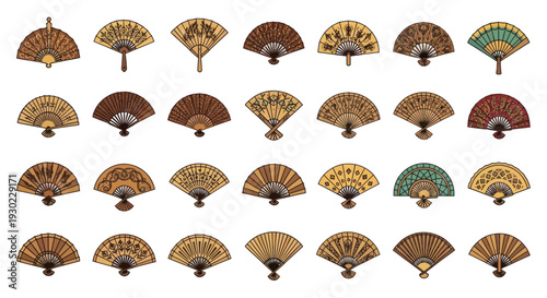 Collection of Traditional Japanese Handheld Folding Fans with Intricate Patterns