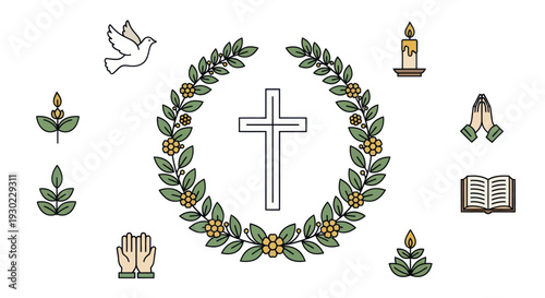 Christian Symbols: Cross, Dove, Praying Hands, Bible, Candle, Laurel Wreath