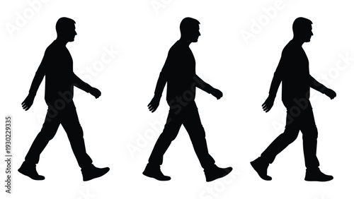 A black silhouette of a walking man in three different positions isolated on white background, Vector