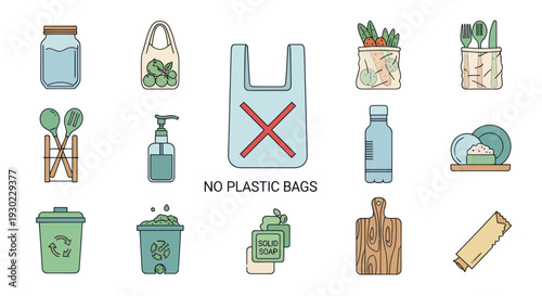 Eco-friendly products, reusable items, zero waste lifestyle, no plastic bags concept