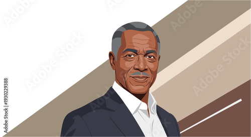 A distinguished African American businessman with graying hair and a mustache, wearing a sharp suit, depicted in a modern vector illustration.