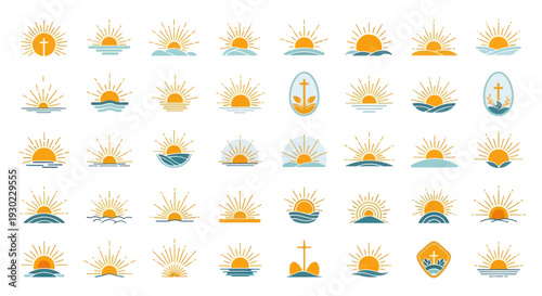Sunrise Icons Collection: Sun Rising Over Water, Cross, and Anchor Symbols