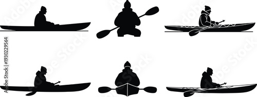 Black silhouettes of people kayaking or paddling on white background