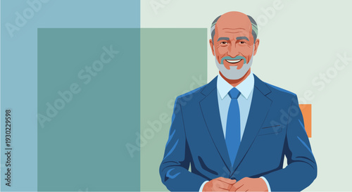 A confident and smiling senior businessman in a blue suit and tie stands against a modern, abstract background, exuding professionalism and success.
