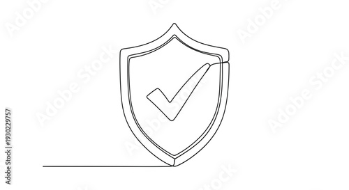 Shield with Check Mark Icon, Security and Safety Concept, Continuous Line Drawing