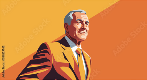 Confident senior businessman in a stylish suit, standing against a vibrant orange background, exuding success and experience.
