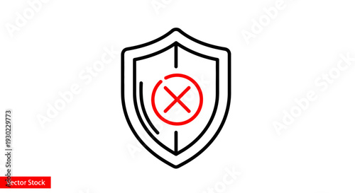 Shield with Red Cross Symbol, Security Breach, Protection Failure Icon