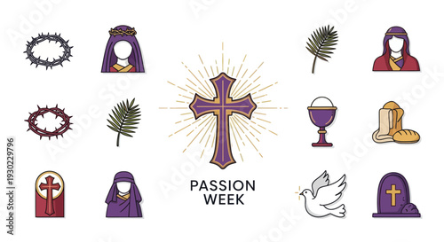 Passion Week Christian Symbols Set - Cross, Crown of Thorns, Palm, Dove, Communion