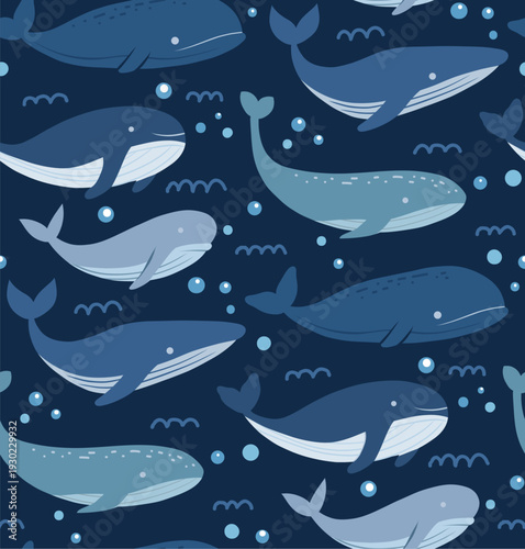 Vector childish seamless pattern with hand drawn whales, waves and bubbles on dark blue background. Marine texture with fish