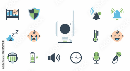 Baby Monitor Icons Set - Security, Sleep, Sound, Temperature, Battery, Microphone