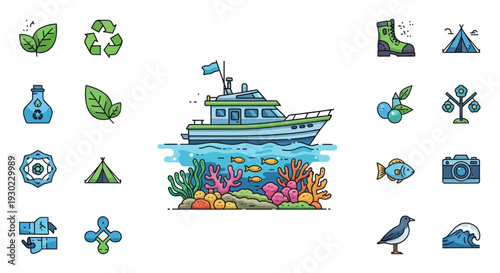 Eco-friendly Boat Trip: Ocean Life, Nature Icons, Sustainable Travel