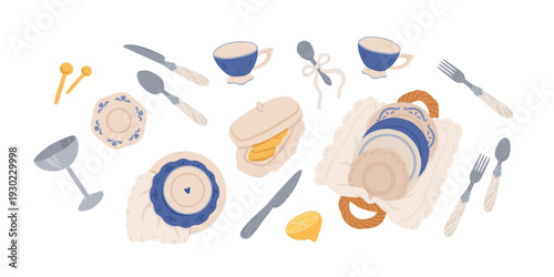 Blue vintage kitchenware set with plates, teacups, cutlery and table decor. Flat vector illustration of elegant retro table setting, feminine aesthetic dining elements isolated on white