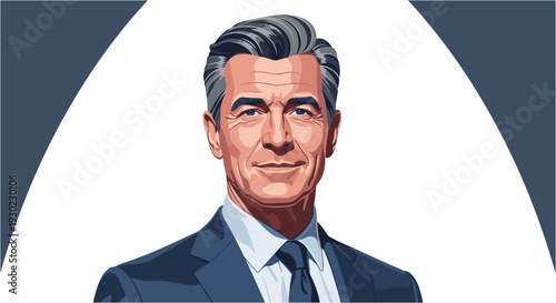 A distinguished, confident businessman with salt and pepper hair in a sharp suit, portrayed in a professional and modern vector illustration style.