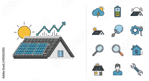 Solar Power House with Growth Chart and Energy Icons