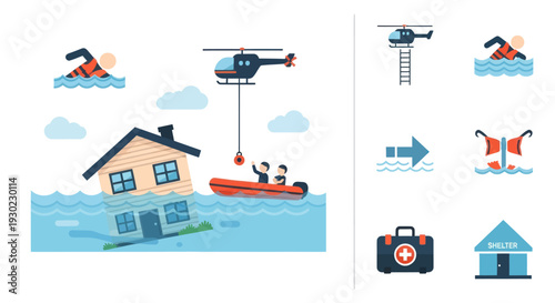 Flood Rescue Operation: Helicopter Evacuating People from Submerged House in Boat