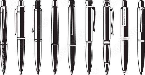 Black and white of ten ballpoint pens stationery office supplies