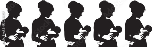 Silhouette of a mother breastfeeding her baby in different positions