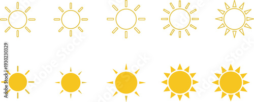 Sun icons set, weather sunshine symbols in outline and filled styles isolated on white background for forecast, summer, climate design