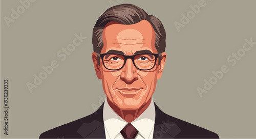A distinguished man in a suit and tie, wearing glasses, is depicted in a professional vector illustration with a neutral background.