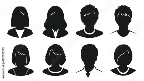 A group of eight different silhouette portraits isolated on white background, Vector