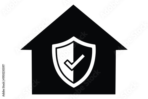 A black house icon with a shield and checkmark symbolizing home security and protection
