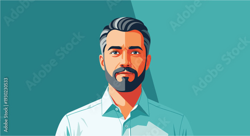 A striking vector illustration of a confident man with a short beard and stylish gray hair, set against a teal background.