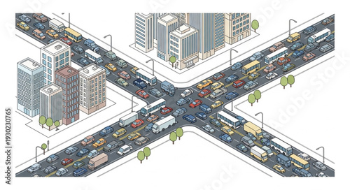 Busy City Intersection with Buildings.