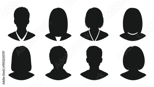 A group of seven black silhouettes of people isolated on white background, Vector