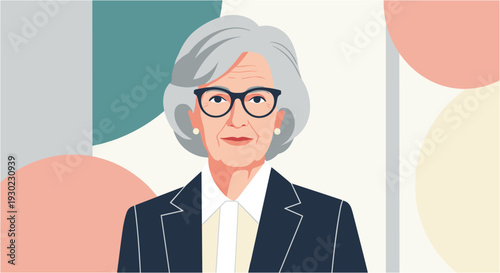 A distinguished senior woman with grey hair and glasses, wearing a business suit, stands confidently against a modern abstract background.