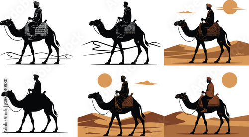 Desert traveler camel rider silhouettes sand