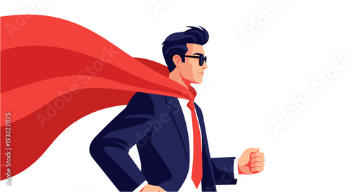 Dynamic illustration of a confident businessman in a suit and sunglasses, wearing a flowing red cape, symbolizing leadership, success, and heroic ambition against a clean white background.