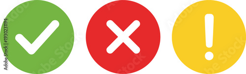 Check Mark, Cross, and Exclamation Icon Set in Green Red and Yellow Circles for Approval, Error, and Warning Design