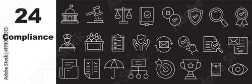 Compliance web icons in line style. Regulations, policy, legal document, quality control, responsibility, law. Editable stroke. Vector illustration.