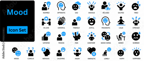 Mood solid icon set contains happy, sad, excited, calm, angry, tired and stressed. Solid icons set. 