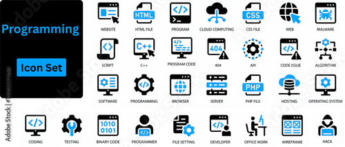 Programming solid icon set contains deployment, cloud computing, monitor,operate, testing and more. Solid icons set.