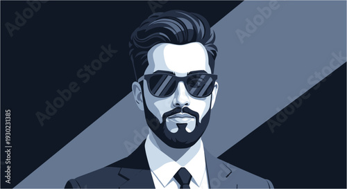 Stylish man with a neatly trimmed beard and modern sunglasses, exuding confidence and a cool, sophisticated demeanor against a dark, geometric background.
