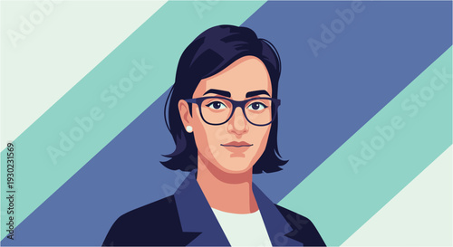 A confident and professional woman with dark hair and glasses, depicted in a modern flat vector illustration style, against a striped background.