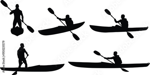 Kayaking silhouettes people paddling standing and sitting kayaks