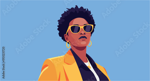 Confident African American woman with short curly hair and stylish sunglasses, wearing a vibrant yellow blazer against a serene blue background, exuding power and modern elegance.
